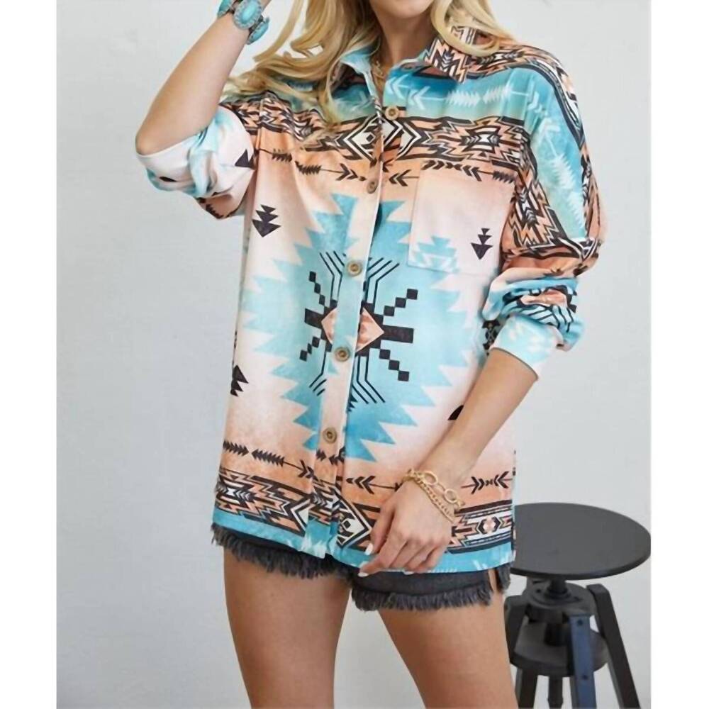 NEW AVERY APPAREL abigail aztec print shacket in turquoise/coral